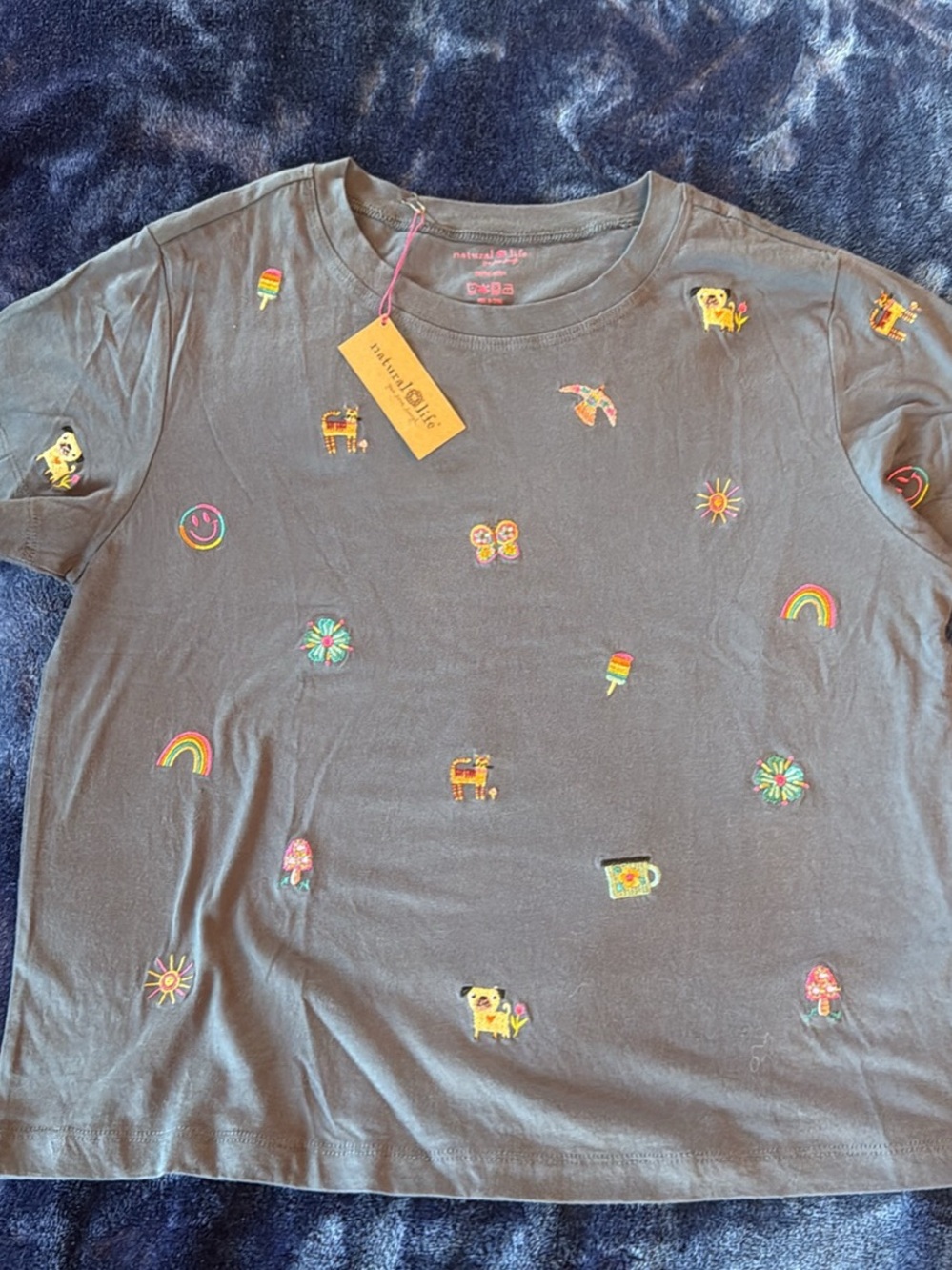 NATURAL LIFE Black Short Sleeve Tee with Colorful Embroidered Icons